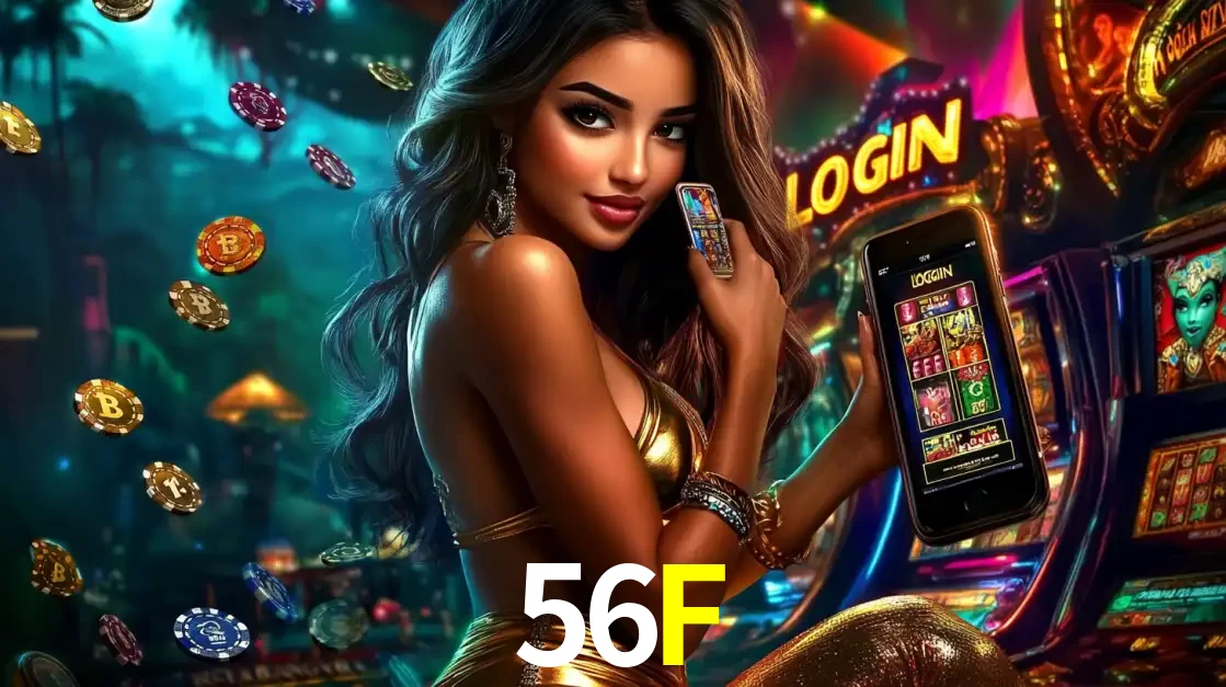 Mulher em um cenário de cassino temático de aventura, mostrando o app de caça-níqueis da 56F no celular. Fichas de apostas flutuam ao redor.