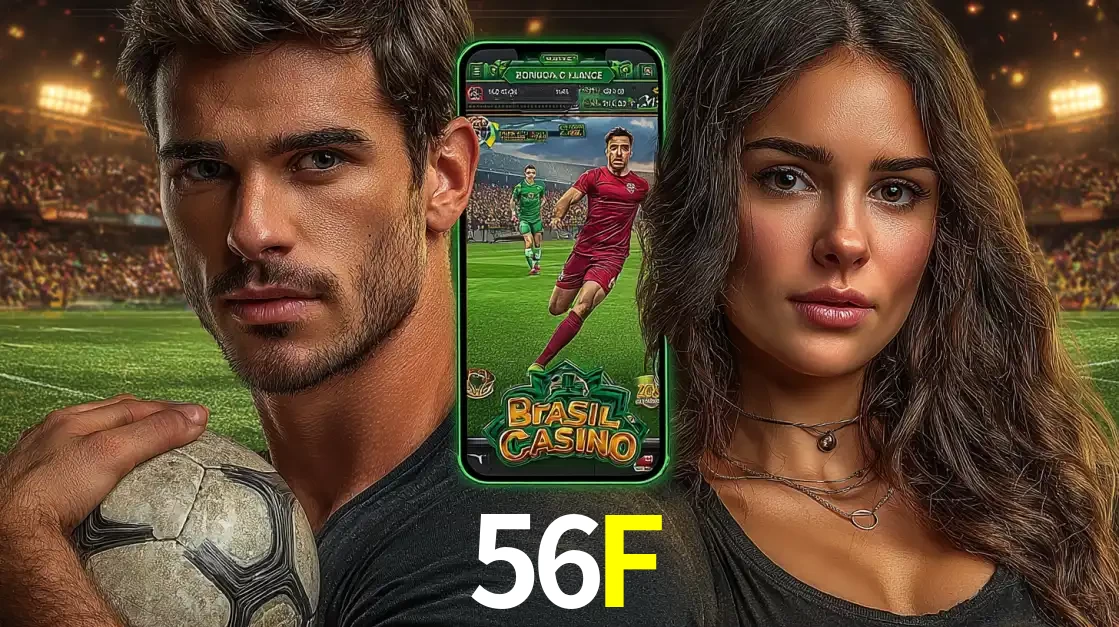 Homem segurando uma bola de futebol e uma mulher ao lado de um smartphone exibindo o jogo de apostas esportivas da 56F. Faça seu palpite no cassino online.
